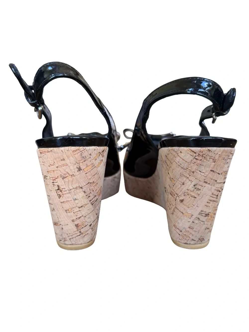 Stuart Weitzman Bodajean Patent Leather Cork Wedge Slingback Sandals 7.5